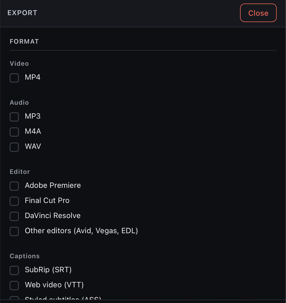 The export panel listing every output format