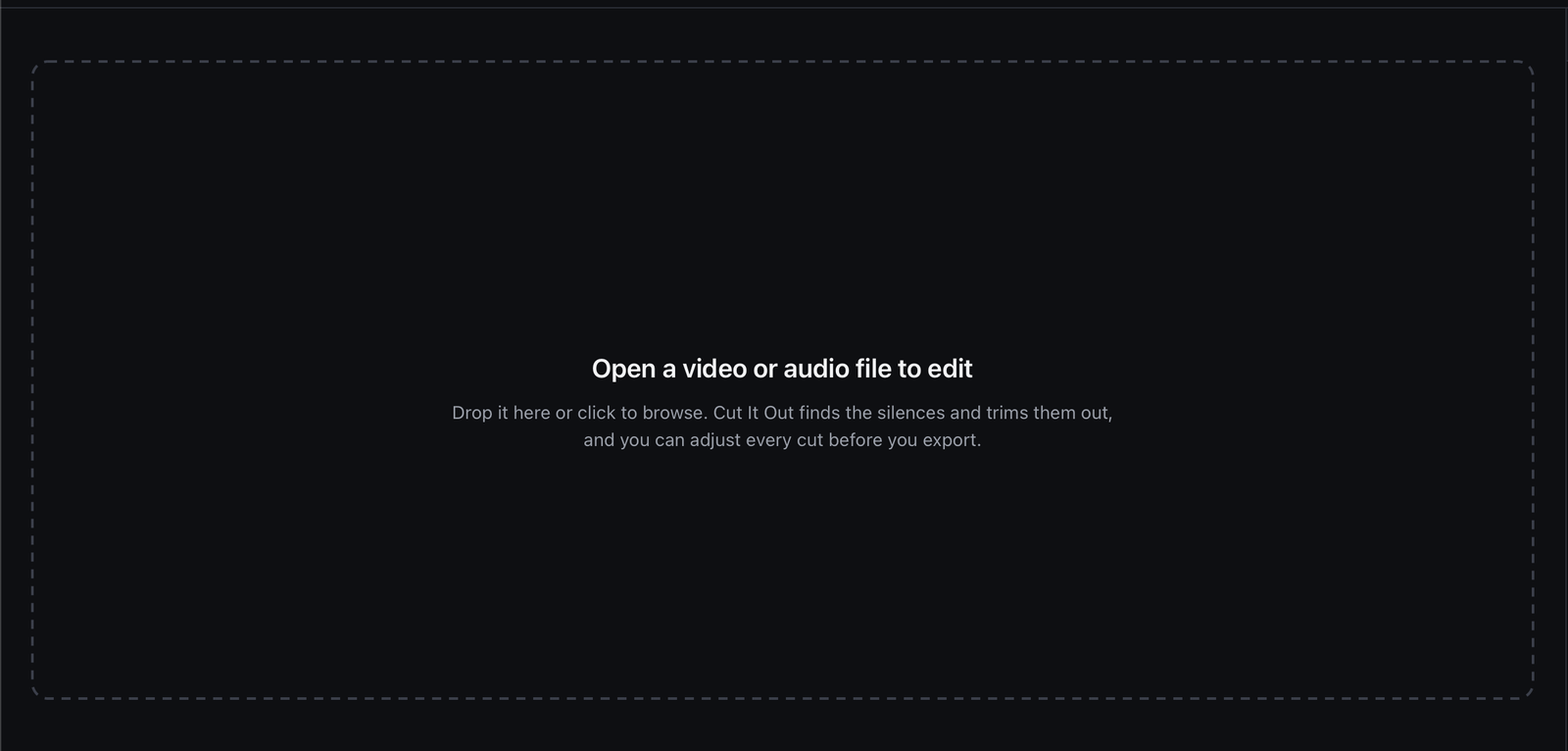 The Cut It Out start screen, asking you to drop a file in