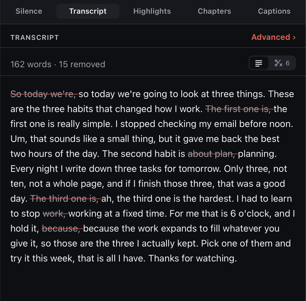 A transcript with the repeated takes struck through