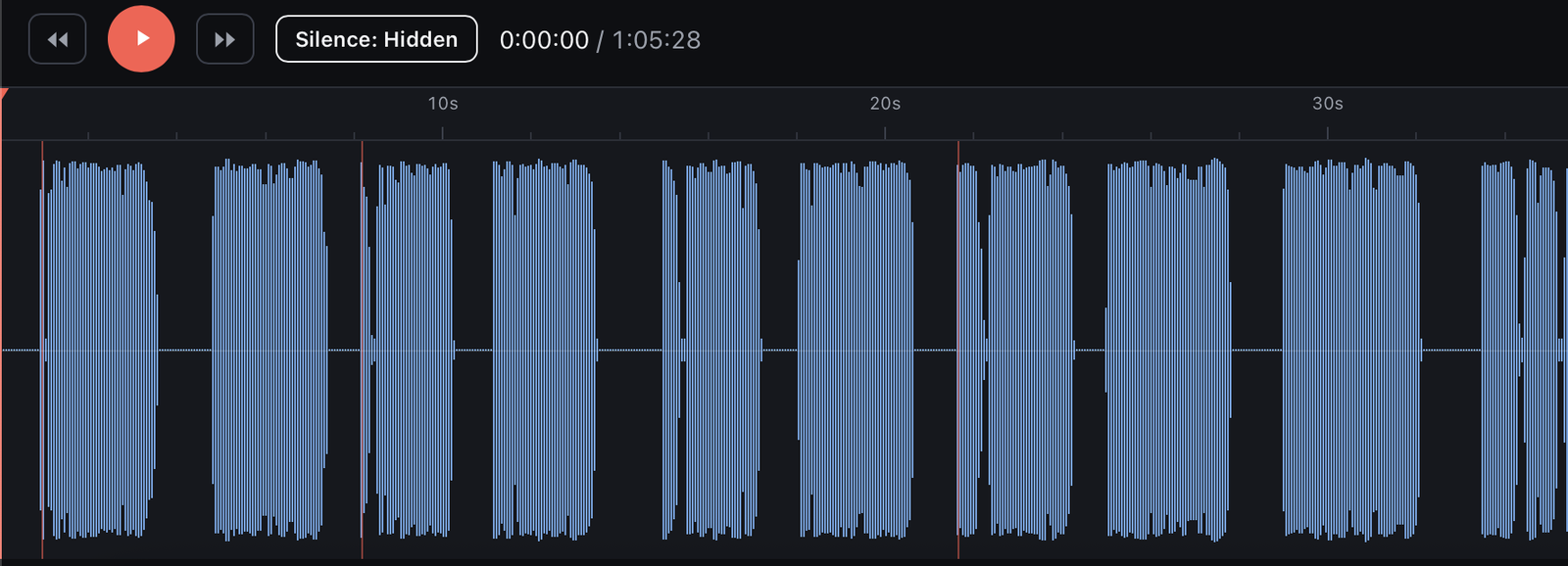 The timeline with red lines marking each silence cut